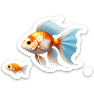Large aquarium fish like veil tails and lionhead goldfish swimming gracefully in a beautifully decorated aquarium. Colorful aquatic plants, smooth rocks, and gentle bubbles surround the fish. The water shimmers in sunlight, creating a peaceful and vibrant underwater scene. Transparent background. sticker
