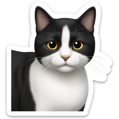 Small tuxedo short-haired cat with black fur on top and face and white tummy sticker