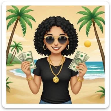 Mixed-race person with curly hair smiling, wearing black t-shirt, necklace and sunglasses, holding dollar bills in both hands, at beach with palm trees sticker