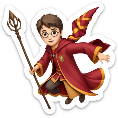 Cartoon-style illustration of Harry Potter flying on a broomstick, Gryffindor red and gold outfit, expressive face, dynamic motion, magical vibe, smooth shading, vibrant colors, no background, transparent background, isolated character. sticker