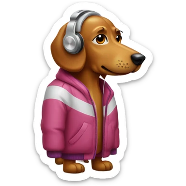 Hot dog wearing a jacket with earphones sticker