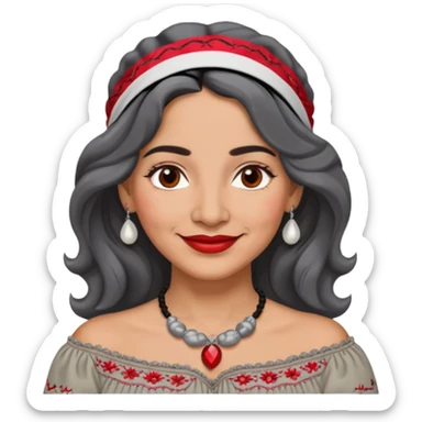 Latina woman, 50 years old, warm light brown skin, round face, wavy black and gray hair, red and white headband, medium eyes, thin eyebrows, kind smile, gray peasant blouse, embroidery, bare shoulders, large dark necklace sticker