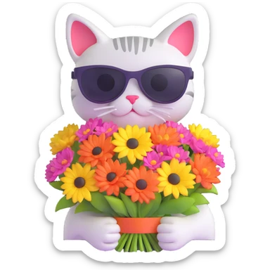 cat wearing sunglasses holding a bouquet of flowers sticker