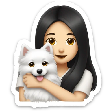 Japanese spitz dog hug black haire girl sticker