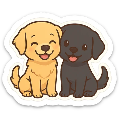 two animated dogs together, a golden retriever and a black labrador, cheerful and friendly style sticker