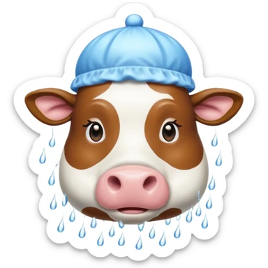 Cow taking a shower with shower cap on sticker
