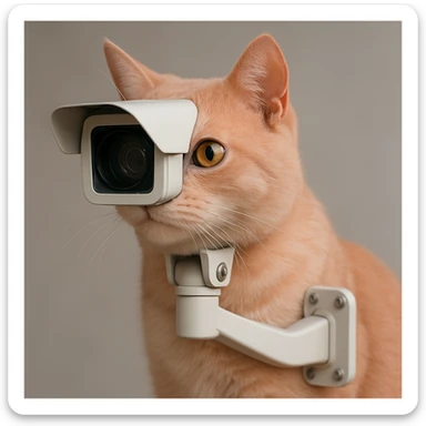 a pink cat merged with a CCTV camera, realistic and modern, lifelike sticker