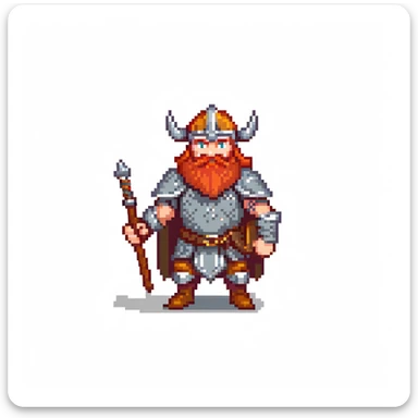 pixel art ginger viking with red beard and armor, running animation frame 3, legs crossing sticker