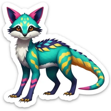 Rare realistic exotic edgy epic pretty beautiful handsome gorgeous aesthetic colorful vibrant Vernid-Trico-species-Fakemon-creature by LiLaiRa, 4 legs, 1 tail, random markings, (full body) sticker