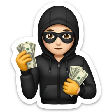 Robber with money na mão direita com uma blusa de frio preta e moreno sticker