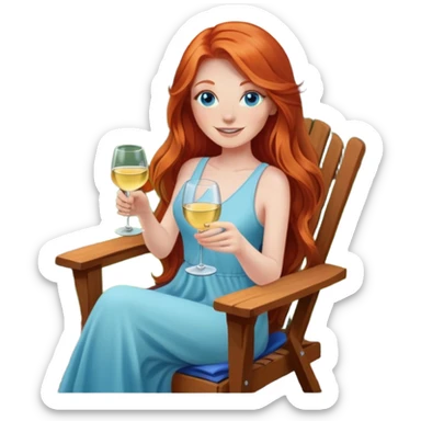 Happy redhead with long hair and blue eyes holding white wine sitting in chair beside fire pit in backyard sticker