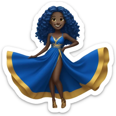 1 laughing Black Girl with long straight royal  blue hair with yellow gold and royal blue dress sticker