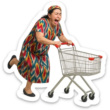 hysterical Uzbek woman with a shopping cart sticker