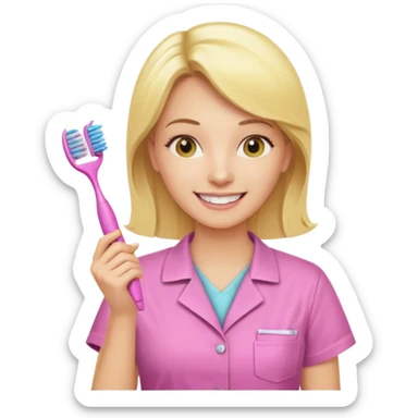 dentista mulher, loira, pele branca, camisa rosa, segurando uma escova de dentes amarela e sorrindo transmitindo verdade e confiança sticker