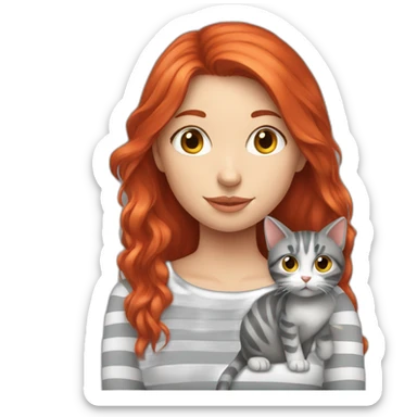 Red hair girl with a gray stripedcat sticker