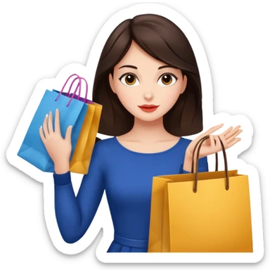 Glam brunette girl calmly choosing one premium shopping bag, giving a small approving nod — quality over quantity sticker