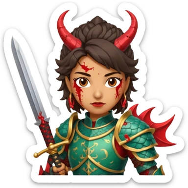 Fierce Latina in armor with a sword after a battle cutting off the head of a dragon sticker