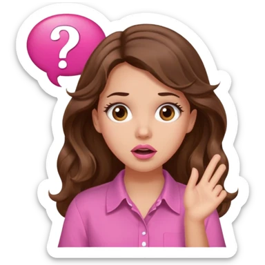 girl with long wavy brown hair, brown eyes, light to medium complexion, in a pink shirt, pink lips, long lashes, surprised, question mark speech bubble sticker