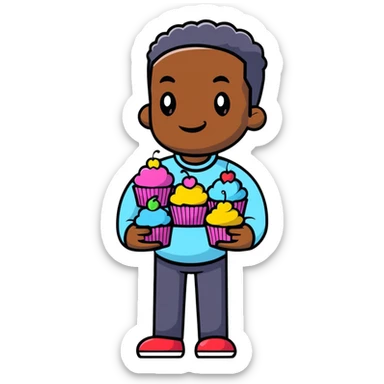 Cheerful large African American man holding colorful cupcakes sticker