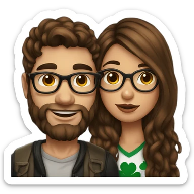 Brazilian long brown hair girl wearing glasses, kissing Irish dark shaved hair guy who has many tattoos sticker