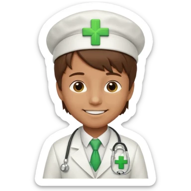 a doctor in white suit with a doctor hat with green cross brown hair boy sticker