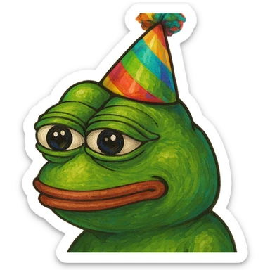 pepe the frog wearing a party hat, vibrant and detailed, gpt-image style sticker