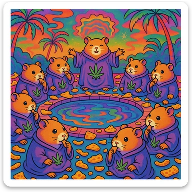 Hamsters in a cult gathering at a pool, wearing matching robes with marijuana leaf emblems, cheese snacks everywhere, psychedelic and humorous scene. sticker