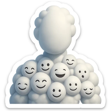 faceless human figure composed entirely of 3D emoji clouds, volumetric, white, soft clouds, shoulder-up view, front-facing, realistic lighting and shadows, 3D emoji style sticker