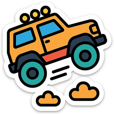 off-road vehicle jumping, action-packed, icon style sticker