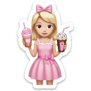 A little girl with a Dunkin' milkshake and a donut with pink frosting and marshmallows, wearing a pink coquette-style dress with bows and blonde hair. sticker