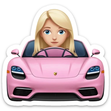 pink Porsche taycan with blonde girl, long hair, blue eyes, sitting in the car, front view point of view, no sunglasses sticker
