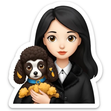A girl who has long hair and looks like a penguin holds a brown poodle sticker