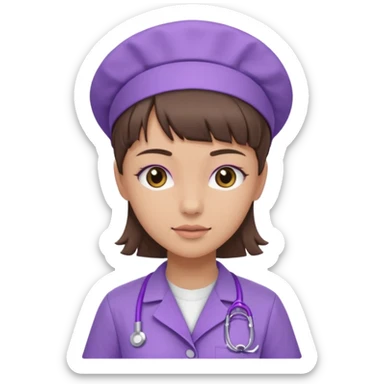 A young female slim nurse with short Brown hair with fringe over her forehead, wearing larvendar purple working cloth sticker