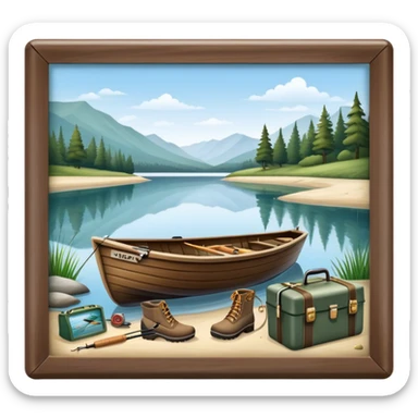 Icon for Fishing: a boat on the shore of a peaceful water body with a beautiful natural landscape, a fishing tackle box, a spinning rod, and boots nearby. The icon should capture the tranquility and gear of a fishing adventure. Transparent background. sticker