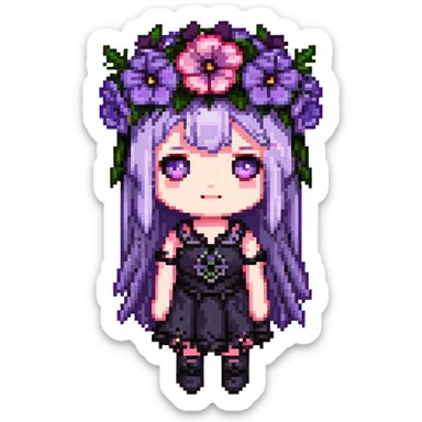 gothic flower crown, mix of black, pink, and purple flowers, cute and chibi, small size, simple details sticker