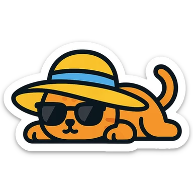 a cat in a summer panama hat with large brim, wearing sunglasses, lying on its stomach with its head resting on the ground sticker