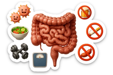 intestino umano anatomico realistico al centro, intorno al quale ruotano emoji stile iphone di: due batteri intestinali felici, una bowl di insalata, una bilancia pesapersone, manubri da palestra, e un boccale di birra con divieto 3d sopra, una sigaretta con divieto 3d sopra e un wurstel con divieto 3d sopra, fluttuano in aria, iperrealistico 4k sticker