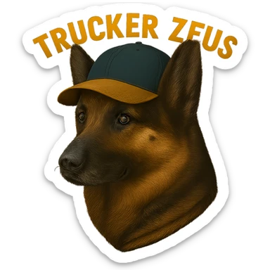 Make the background fully transparent while keeping the realistic German Shepherd and the yellow 'Trucker Zeus' text intact. Maintain maximum compression for the image. sticker