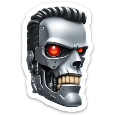 Emoji of a Terminator T-800, looking straight, 2d animation, red eyes, made of metal,  sticker