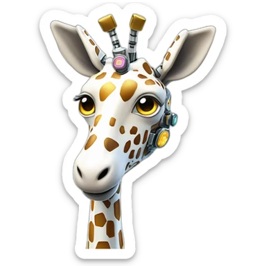 Una girafa robotica con patrones de circuitos brillantes en su piel, piernas con juntas móviles y piezas de metal relucientes sticker