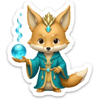 Chibi teal fox with gold mark on forehead, teal-gold robe, holding glowing blue water orbs, with dragon tail on its backside with small antler horns on its head sticker