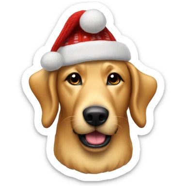 Large Golden dog with skinny snout and black mouth in a Christmas Sweater and hat sticker