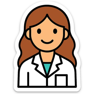 young woman, brown long wavy hair, medical white clothes, friendly, front view, smiling sticker