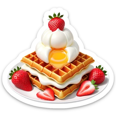 3D rendered Hong Kong egg waffle folded with strawberries and cream, vibrant red and white colors, hyper-realistic bubbled texture, glossy finish, detailed bubble surfaces, fun presentation, soft lighting sticker