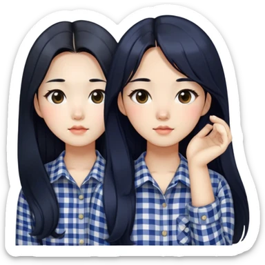 beautician, pretty korean girl with black long hair wearing navy check shirts, long face sticker