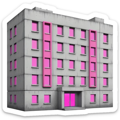 Soviet-era concrete rectangular apartment block with a single window emitting bright pink UV light, stark gray facades with slight disrepair sticker