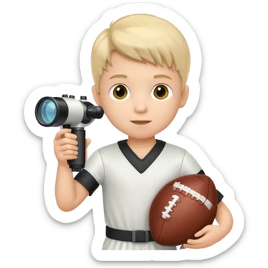 A child stands in a football costume, holding a microscope in his hands sticker