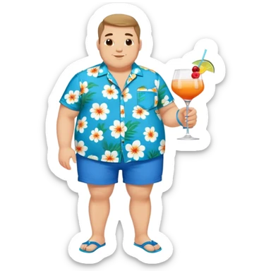 chubby guy full figure in a flowered azure havai shirt, brown shorts and flippers holding a cocktail sticker