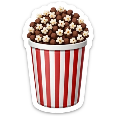 Chocolate popcorn in a paper jar with red and white vertical lines sticker