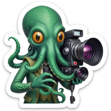 Cthulhu as a cameraman, tentacle-faced cosmic horror entity operating a movie camera sticker